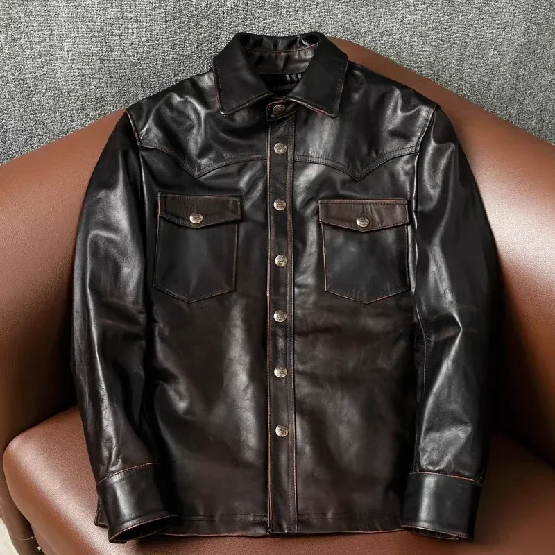 Men’s Tea-Core Horsehide Leather Jacket – Hand-Rubbed Retro Genuine Leather Motorcycle Coat, Short Slim Lapel Biker Jacket - Image 5
