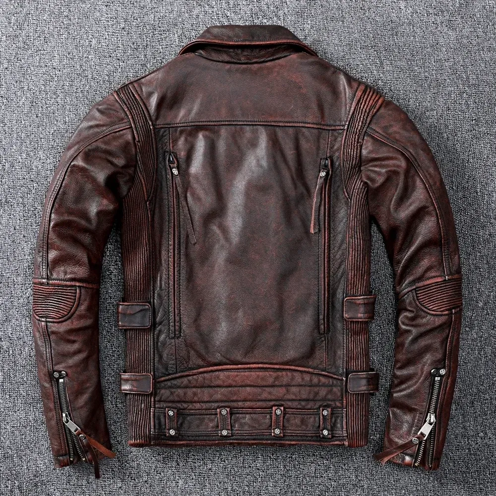 Men’s Vintage Brown Motorcycle Leather Jacket – Genuine Cowhide Slim Fit Biker Coat with Oblique Zipper, Autumn Casual Leather Outerwear - Image 3
