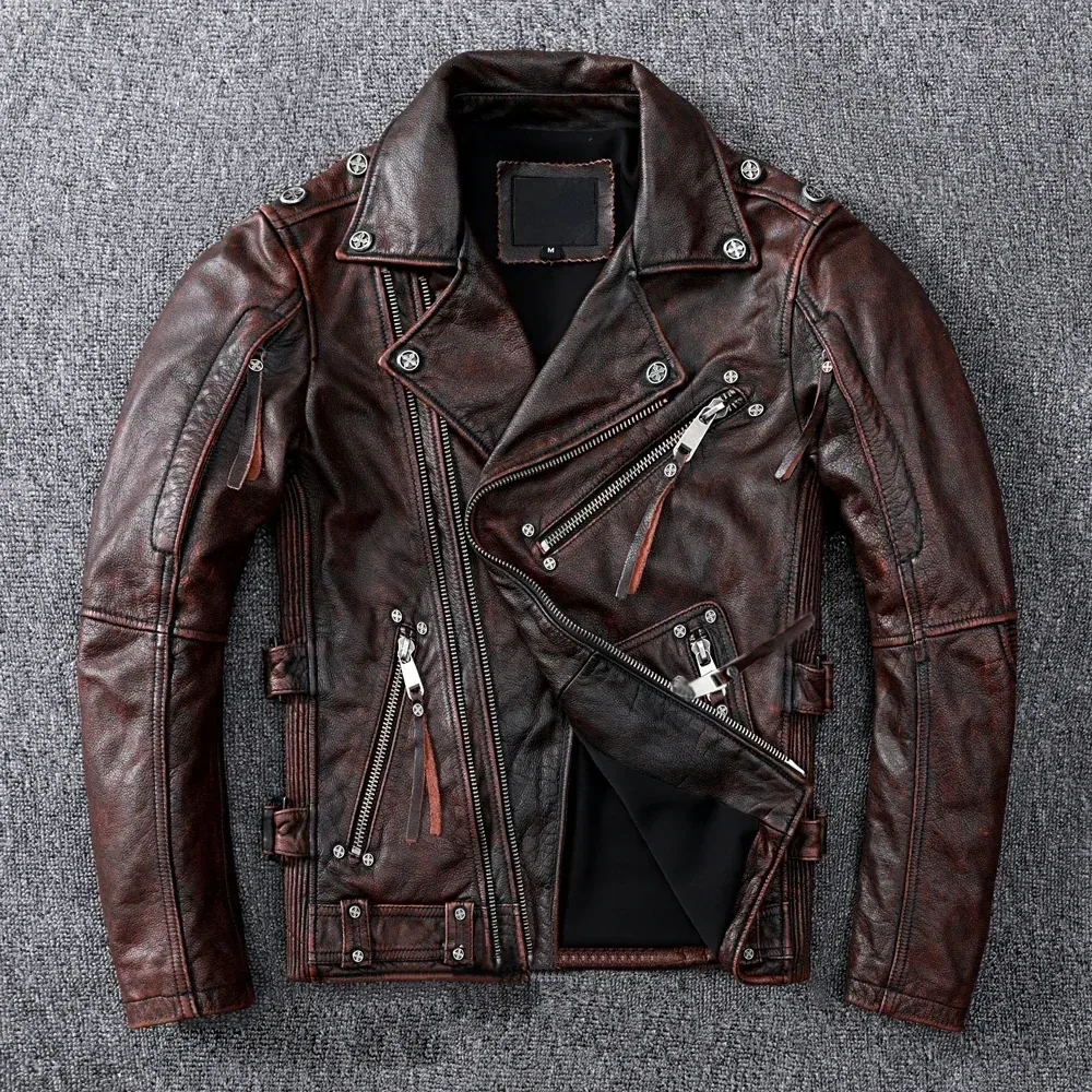 Men’s Vintage Brown Motorcycle Leather Jacket – Genuine Cowhide Slim Fit Biker Coat with Oblique Zipper, Autumn Casual Leather Outerwear - Image 5