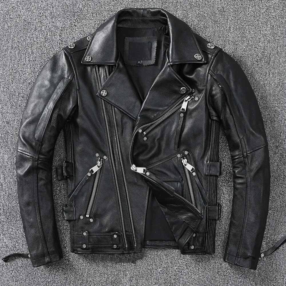 Men’s Vintage Brown Motorcycle Leather Jacket – Genuine Cowhide Slim Fit Biker Coat with Oblique Zipper, Autumn Casual Leather Outerwear - Image 4