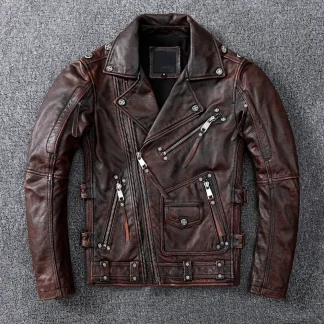 Men’s Vintage Brown Motorcycle Leather Jacket – Genuine Cowhide Slim Fit Biker Coat with Oblique Zipper, Autumn Casual Leather Outerwear