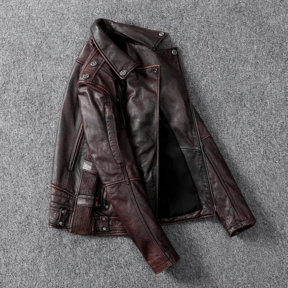 Men’s Vintage Brown Motorcycle Leather Jacket – Genuine Cowhide Slim Fit Biker Coat with Oblique Zipper, Autumn Casual Leather Outerwear - Image 2