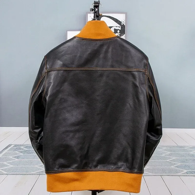 Natural Cow Leather Jacket Men Genuine Leather Style Top Layer Cowhide Leather Motorcycle Bomber Pilot Real Leather Jacket Man - Image 2