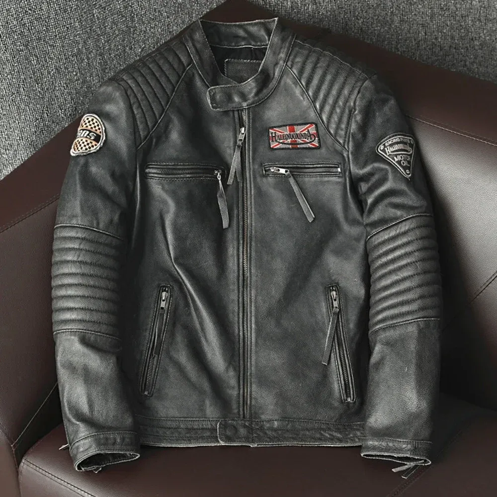 Men’s Vintage Genuine Cowhide Leather Biker Jacket – 100% Real Leather Slim Fit Motorcycle Coat, Classic Fashion Outerwear - Image 5
