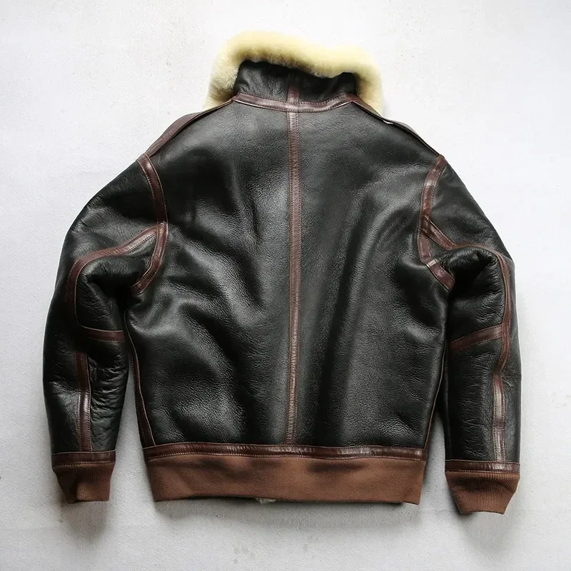 Men’s Genuine Sheepskin Shearling Jacket – Thick Warm Winter Real Leather Coat, Heavy A2 Flight Style, Asian Size - Image 3
