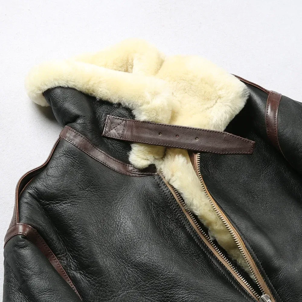 Men’s Genuine Sheepskin Shearling Jacket – Thick Warm Winter Real Leather Coat, Heavy A2 Flight Style, Asian Size - Image 4