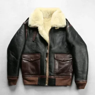 Men’s Genuine Sheepskin Shearling Jacket – Thick Warm Winter Real Leather Coat, Heavy A2 Flight Style, Asian Size