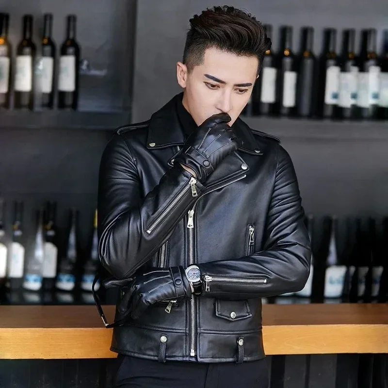 Men’s Genuine Sheepskin Leather Jacket – Short Motorcycle Coat with Fleece Lining, Slim Fit Korean Style Suit Collar, Autumn Winter Fashion - Image 3