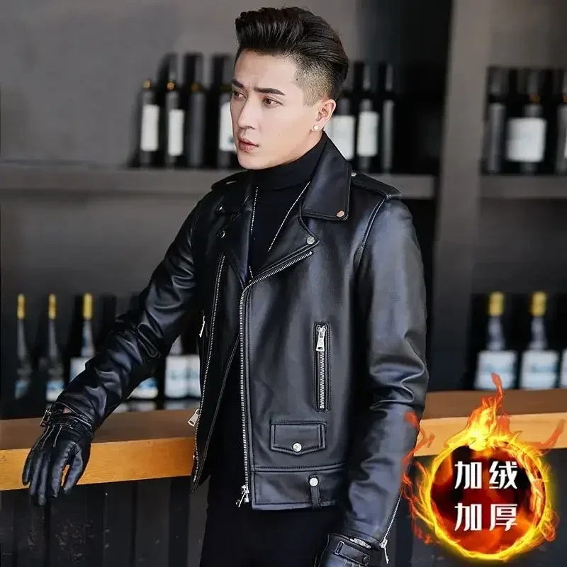 Men’s Genuine Sheepskin Leather Jacket – Short Motorcycle Coat with Fleece Lining, Slim Fit Korean Style Suit Collar, Autumn Winter Fashion - Image 6