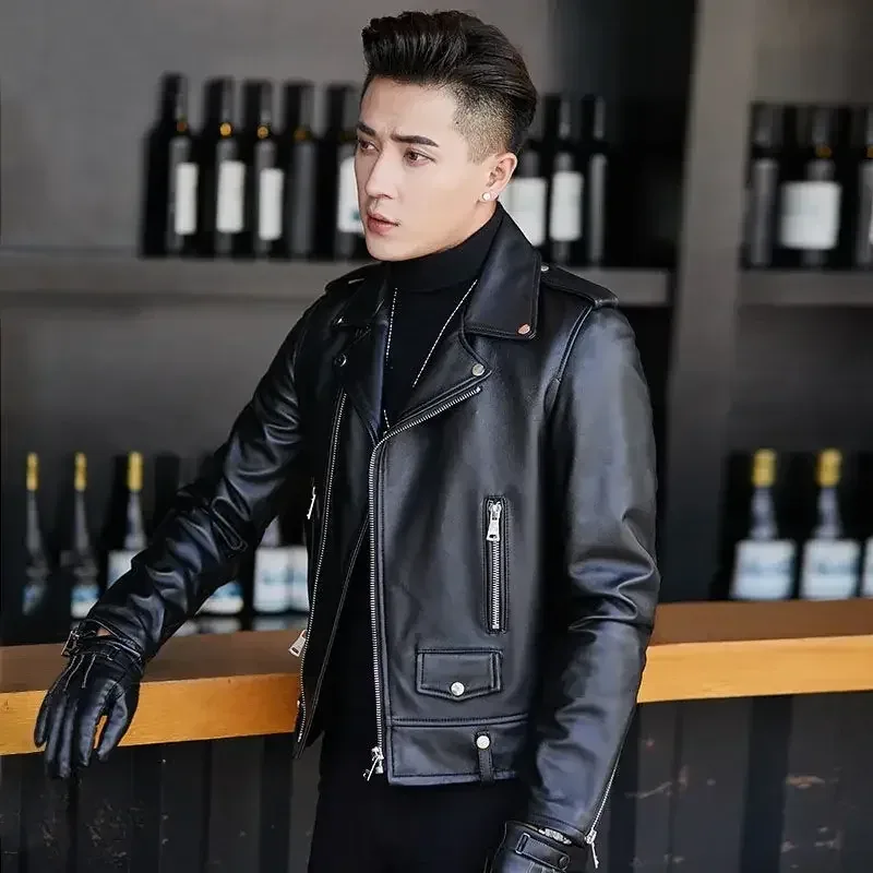 Men’s Genuine Sheepskin Leather Jacket – Short Motorcycle Coat with Fleece Lining, Slim Fit Korean Style Suit Collar, Autumn Winter Fashion - Image 5