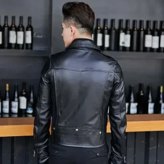 Men’s Genuine Sheepskin Leather Jacket – Short Motorcycle Coat with Fleece Lining, Slim Fit Korean Style Suit Collar, Autumn Winter Fashion