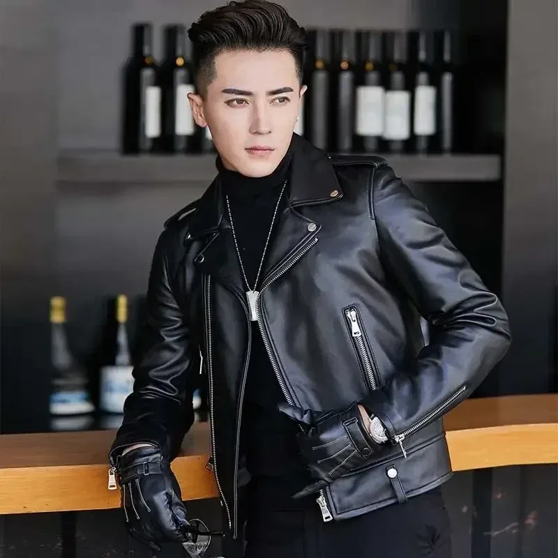 Men’s Genuine Sheepskin Leather Jacket – Short Motorcycle Coat with Fleece Lining, Slim Fit Korean Style Suit Collar, Autumn Winter Fashion - Image 2