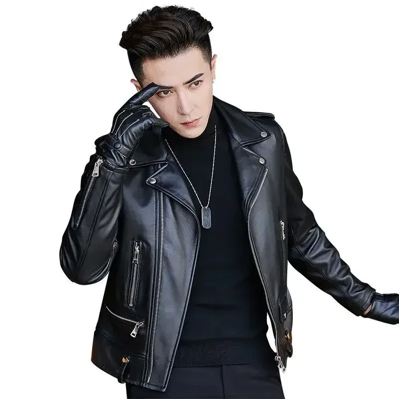 Men’s Genuine Sheepskin Leather Jacket – Short Motorcycle Coat with Fleece Lining, Slim Fit Korean Style Suit Collar, Autumn Winter Fashion - Image 4