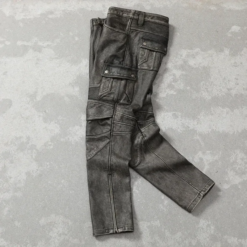 Men’s Vintage Gray Genuine Cowhide Leather Pants – Motorcycle Biker Real Leather Trousers, Autumn Winter Slim Fit Calça Masculina - Image 2