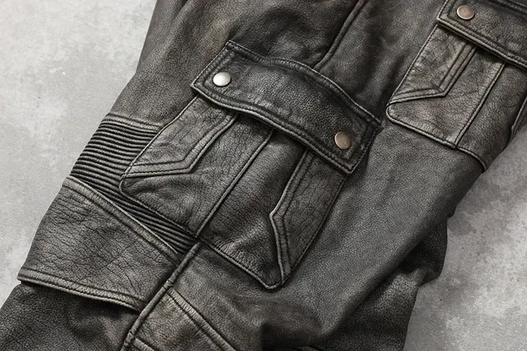 Men’s Vintage Gray Genuine Cowhide Leather Pants – Motorcycle Biker Real Leather Trousers, Autumn Winter Slim Fit Calça Masculina - Image 3