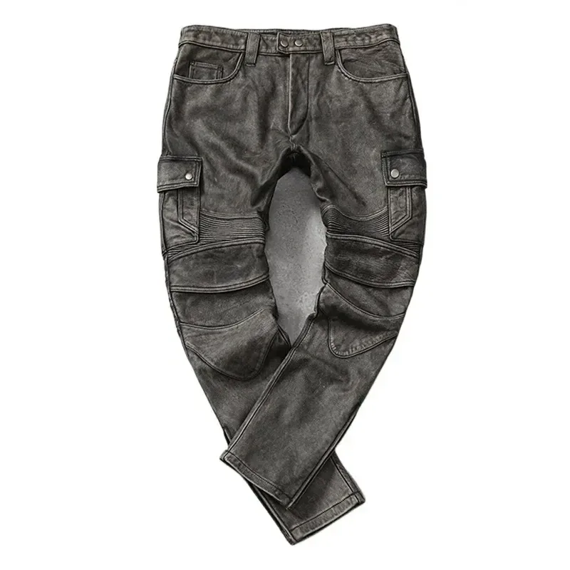 Men’s Vintage Gray Genuine Cowhide Leather Pants – Motorcycle Biker Real Leather Trousers, Autumn Winter Slim Fit Calça Masculina - Image 4