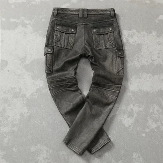 Men’s Vintage Gray Genuine Cowhide Leather Pants – Motorcycle Biker Real Leather Trousers, Autumn Winter Slim Fit Calça Masculina