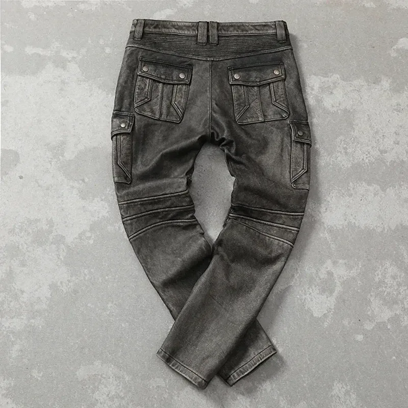 Men’s Vintage Gray Genuine Cowhide Leather Pants – Motorcycle Biker Real Leather Trousers, Autumn Winter Slim Fit Calça Masculina