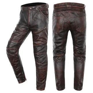 Men’s Genuine Cowhide Motorcycle Leather Pants – Vintage Brown Slim Fit Biker Trousers, Thick Real Leather Riding Pants for Men, High Quality Moto Style