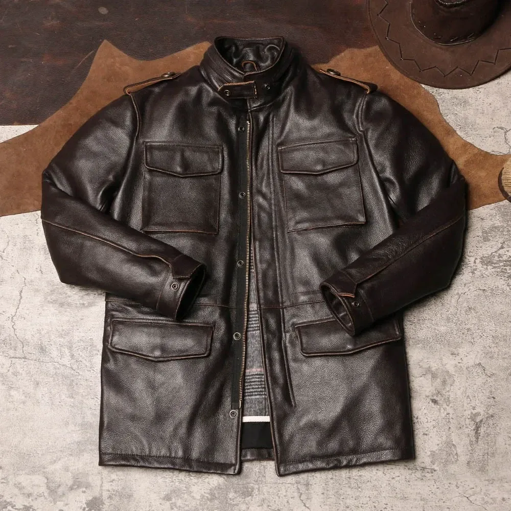 Men’s Classic Genuine Cowhide Leather Jacket – Safari Style Long Hunting Windcoat, Winter Warm Real Leather Outerwear - Image 6