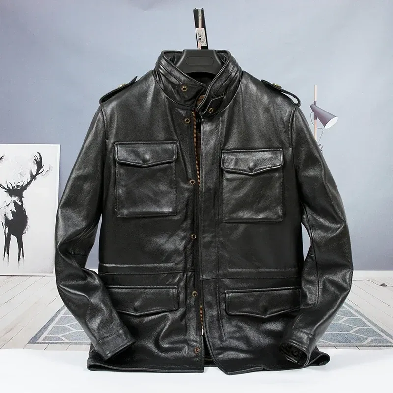 Men’s Classic Genuine Cowhide Leather Jacket – Safari Style Long Hunting Windcoat, Winter Warm Real Leather Outerwear - Image 7