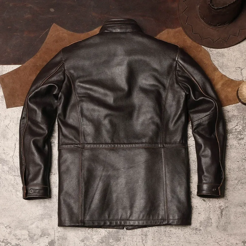 Men’s Classic Genuine Cowhide Leather Jacket – Safari Style Long Hunting Windcoat, Winter Warm Real Leather Outerwear - Image 3