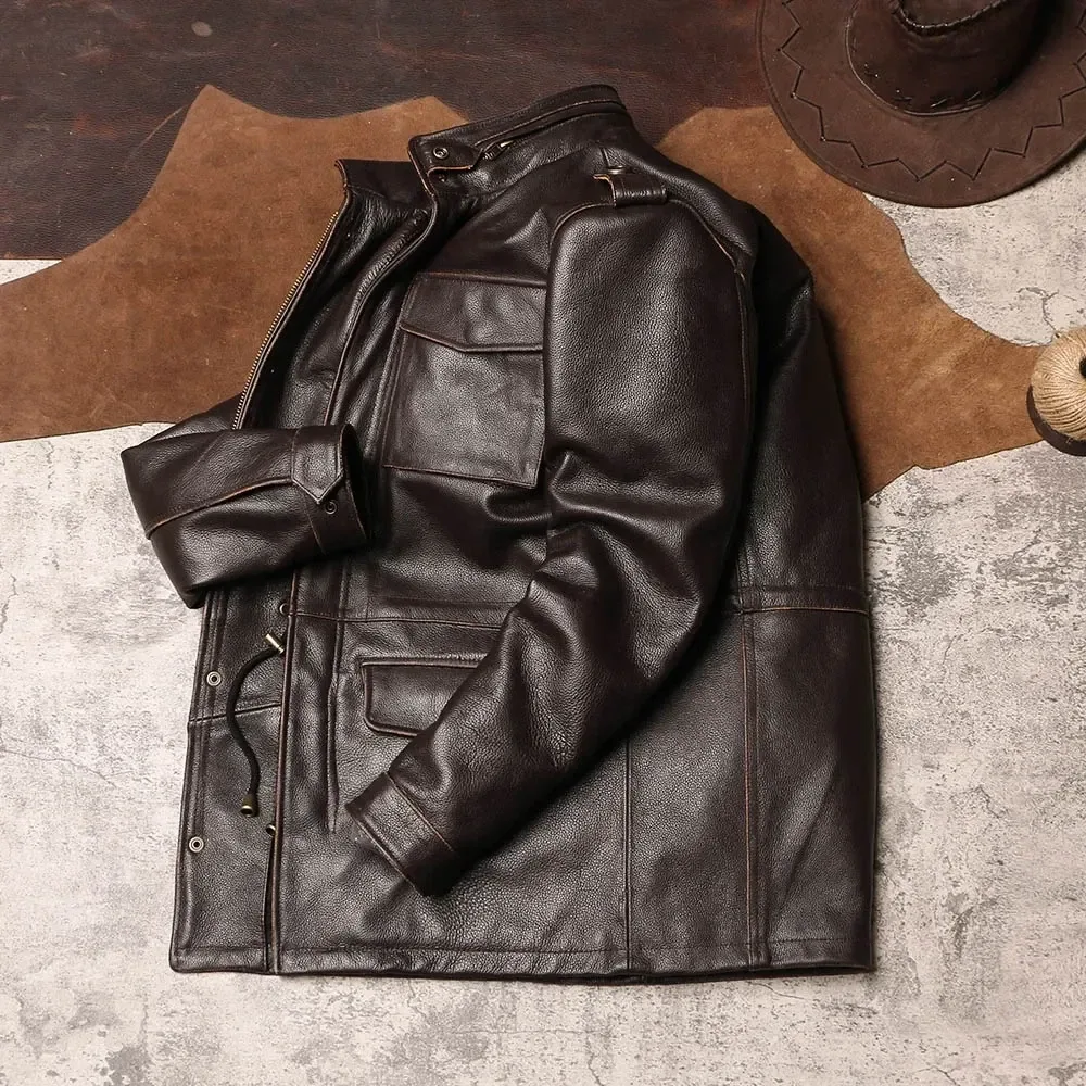 Men’s Classic Genuine Cowhide Leather Jacket – Safari Style Long Hunting Windcoat, Winter Warm Real Leather Outerwear - Image 2