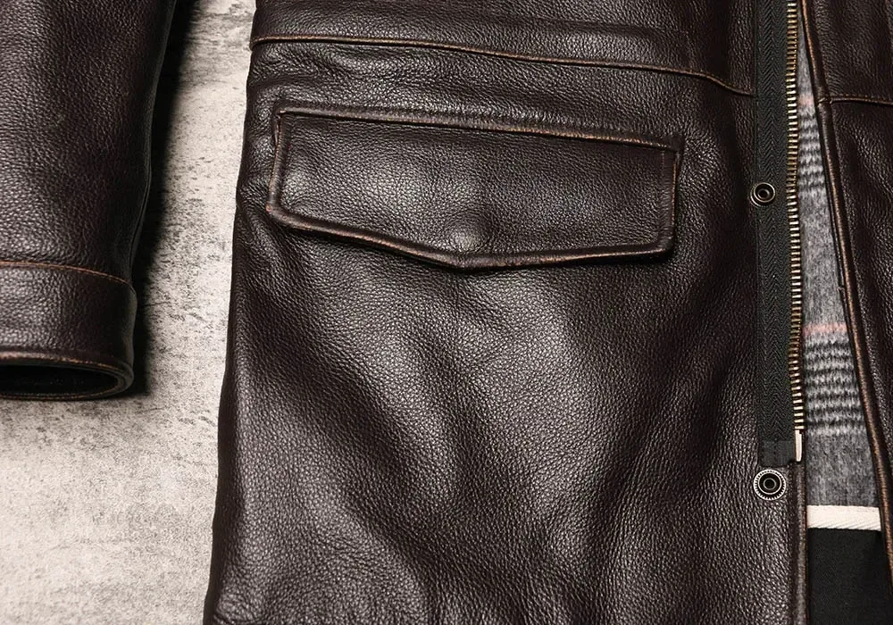 Men’s Classic Genuine Cowhide Leather Jacket – Safari Style Long Hunting Windcoat, Winter Warm Real Leather Outerwear - Image 5