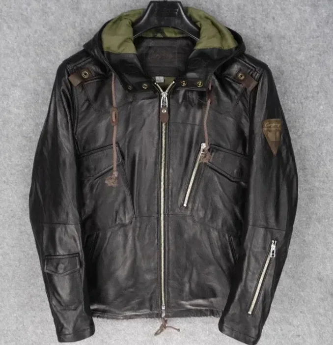 Men’s Genuine Sheepskin Leather Military Coat with Hood | Lamb Leather Army-Style Jacket for Spring & Autumn | Green Casual Outerwear Plus Sizes - Image 8