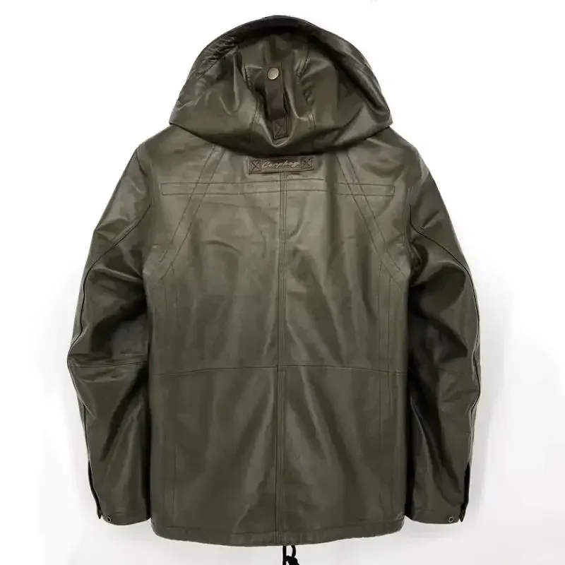 Men’s Genuine Sheepskin Leather Military Coat with Hood | Lamb Leather Army-Style Jacket for Spring & Autumn | Green Casual Outerwear Plus Sizes - Image 2