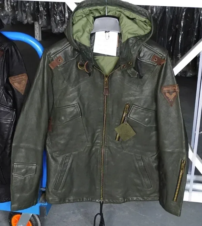 Men’s Genuine Sheepskin Leather Military Coat with Hood | Lamb Leather Army-Style Jacket for Spring & Autumn | Green Casual Outerwear Plus Sizes - Image 6