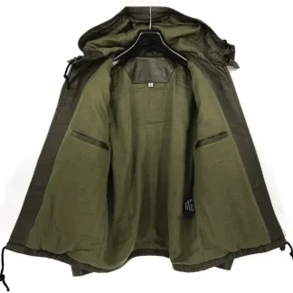 Men’s Genuine Sheepskin Leather Military Coat with Hood | Lamb Leather Army-Style Jacket for Spring & Autumn | Green Casual Outerwear Plus Sizes