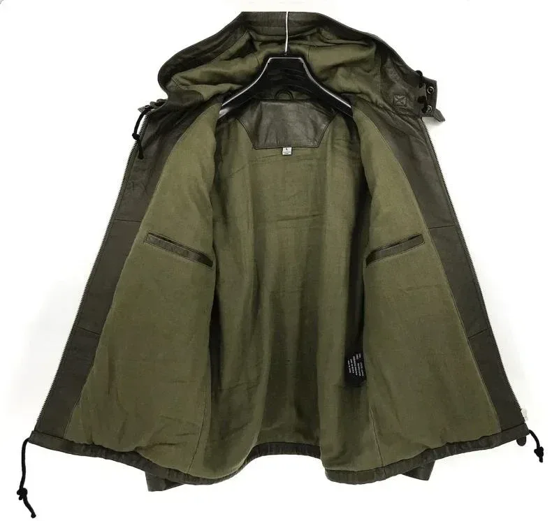 Men’s Genuine Sheepskin Leather Military Coat with Hood | Lamb Leather Army-Style Jacket for Spring & Autumn | Green Casual Outerwear Plus Sizes