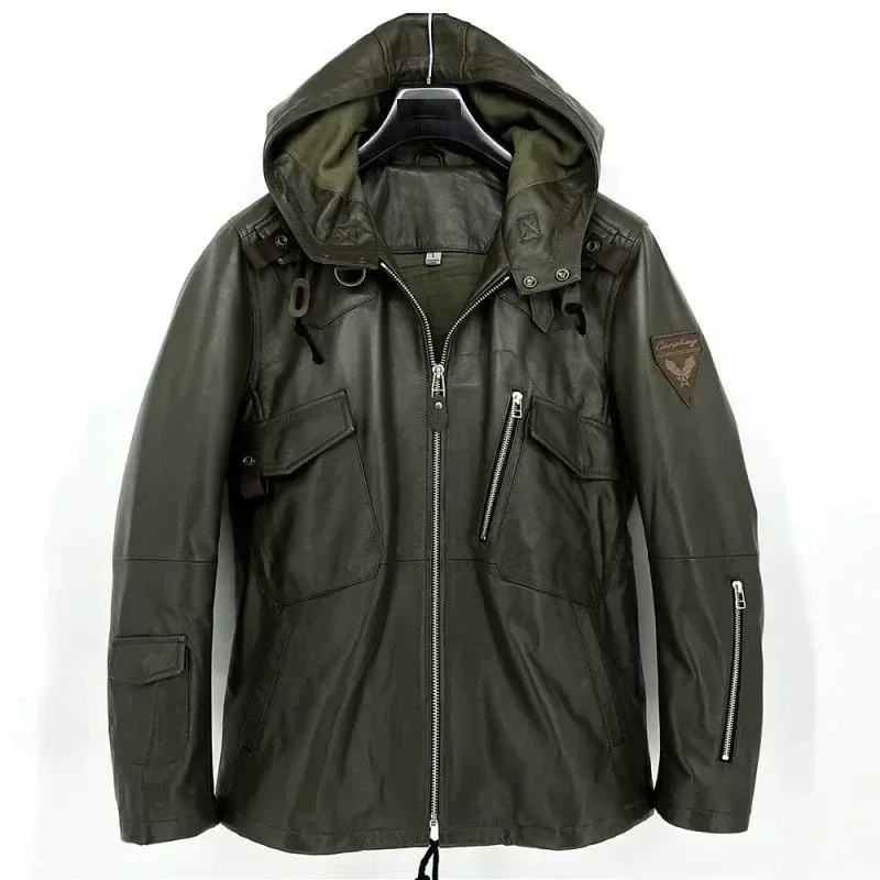 Men’s Genuine Sheepskin Leather Military Coat with Hood | Lamb Leather Army-Style Jacket for Spring & Autumn | Green Casual Outerwear Plus Sizes - Image 7