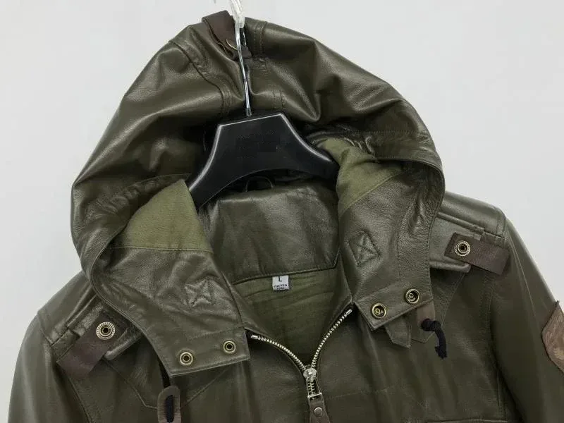 Men’s Genuine Sheepskin Leather Military Coat with Hood | Lamb Leather Army-Style Jacket for Spring & Autumn | Green Casual Outerwear Plus Sizes - Image 3