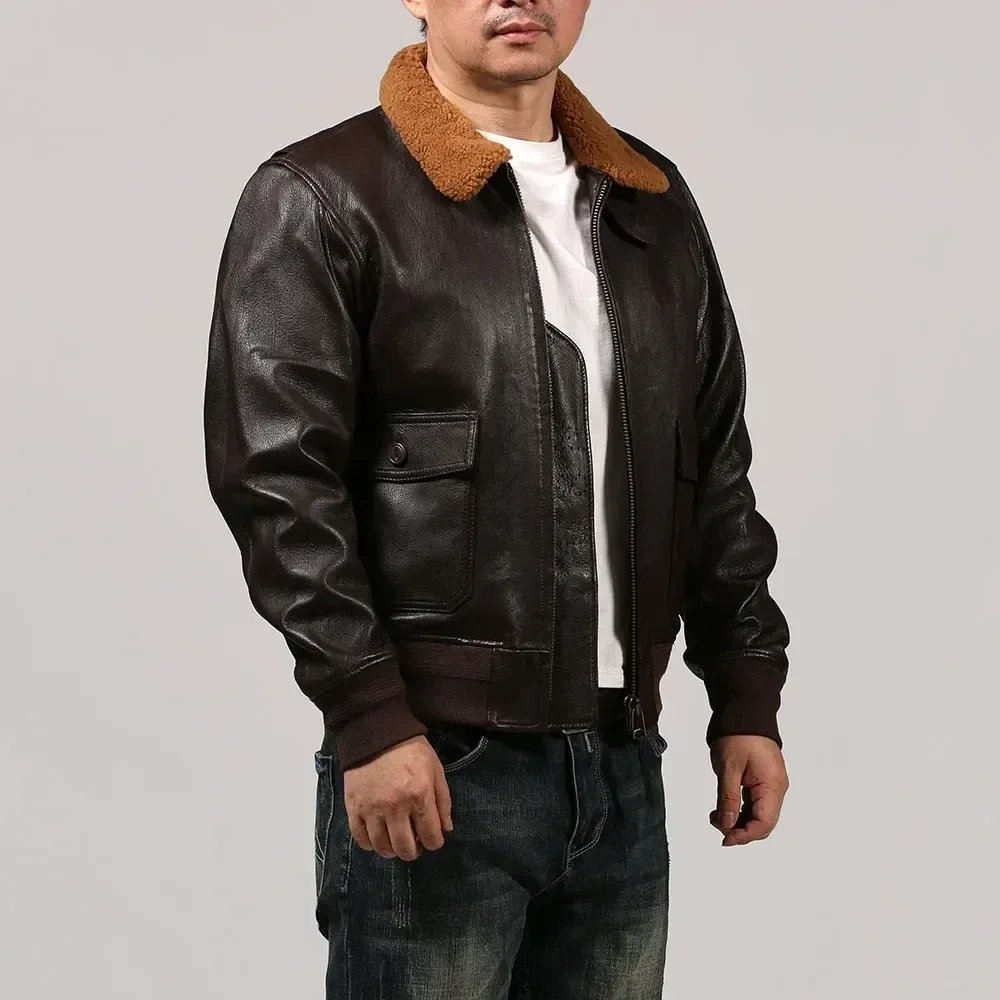 M422A Asian Size Men's Slim Vintage Genuine Cow Leather Wool Collar G1 Jacket - Image 2