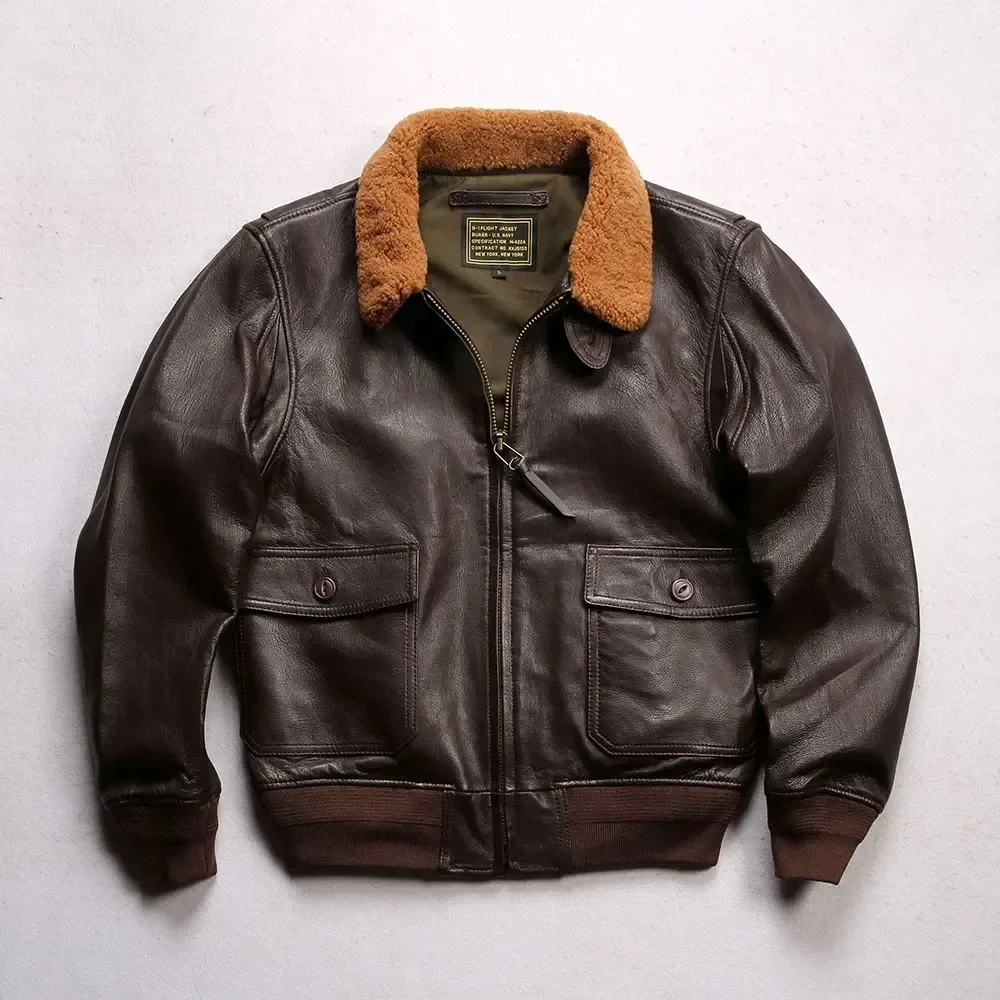 M422A Asian Size Men's Slim Vintage Genuine Cow Leather Wool Collar G1 Jacket - Image 4