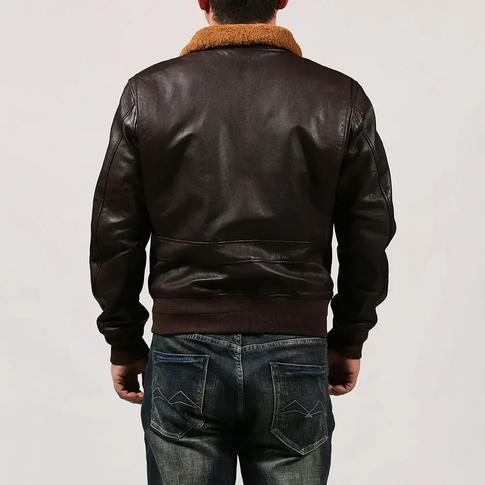 M422A Asian Size Men's Slim Vintage Genuine Cow Leather Wool Collar G1 Jacket - Image 3