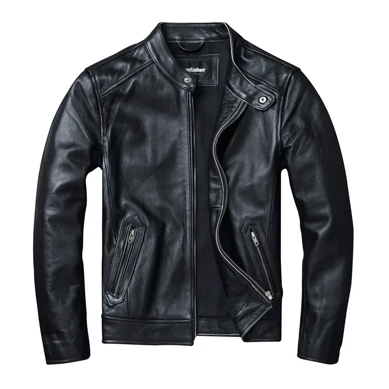 Men’s Slim Fit Stand Collar Motorcycle Jacket | 100% Top Layer Cowhide Leather | Soft Genuine Leather Biker Coat | Large Size Fashion Outerwear - Image 4