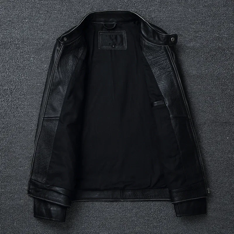 Men’s Slim Fit Stand Collar Motorcycle Jacket | 100% Top Layer Cowhide Leather | Soft Genuine Leather Biker Coat | Large Size Fashion Outerwear - Image 3