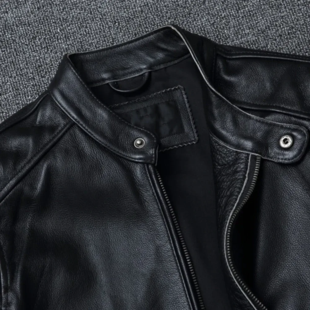 Men’s Slim Fit Stand Collar Motorcycle Jacket | 100% Top Layer Cowhide Leather | Soft Genuine Leather Biker Coat | Large Size Fashion Outerwear - Image 6