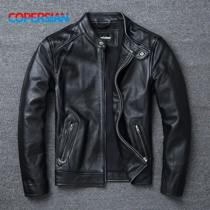 Men’s Slim Fit Stand Collar Motorcycle Jacket | 100% Top Layer Cowhide Leather | Soft Genuine Leather Biker Coat | Large Size Fashion Outerwear - Image 7