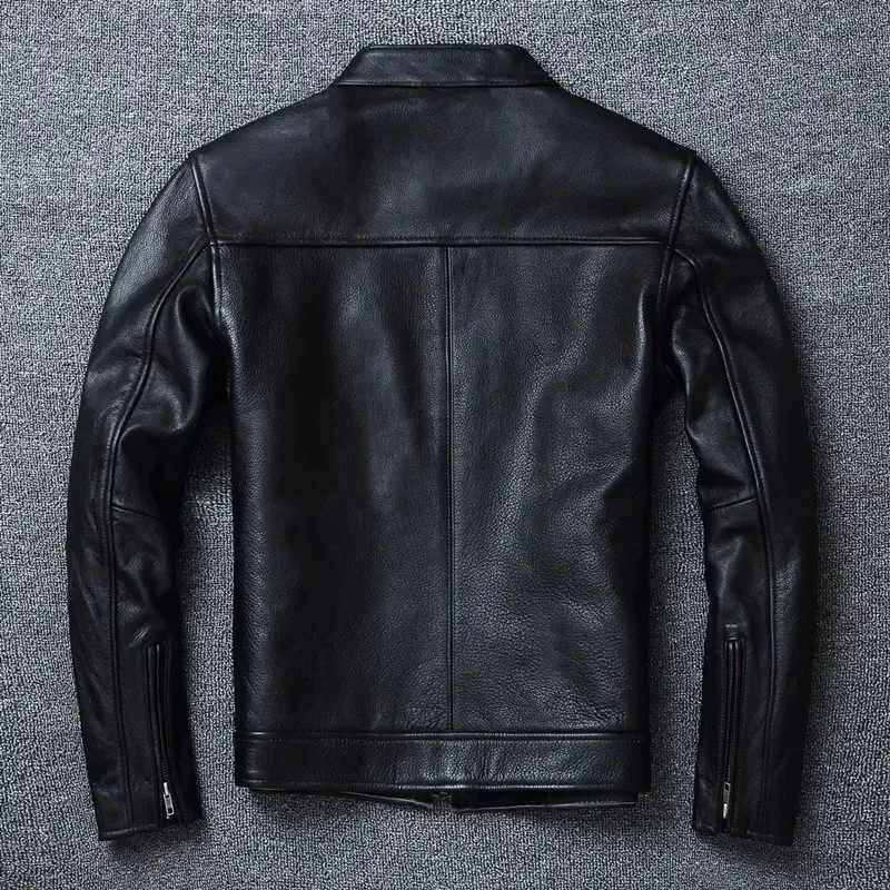 Men’s Slim Fit Stand Collar Motorcycle Jacket | 100% Top Layer Cowhide Leather | Soft Genuine Leather Biker Coat | Large Size Fashion Outerwear - Image 2