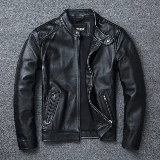 Men’s Slim Fit Stand Collar Motorcycle Jacket | 100% Top Layer Cowhide Leather | Soft Genuine Leather Biker Coat | Large Size Fashion Outerwear