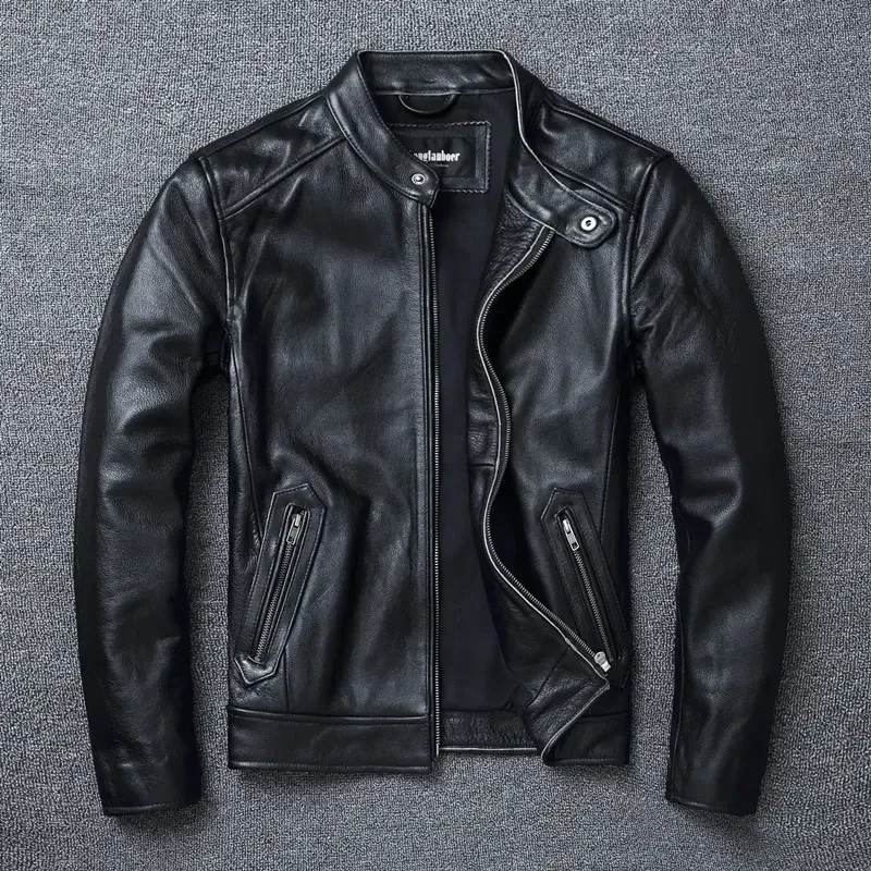 Men’s Slim Fit Stand Collar Motorcycle Jacket | 100% Top Layer Cowhide Leather | Soft Genuine Leather Biker Coat | Large Size Fashion Outerwear