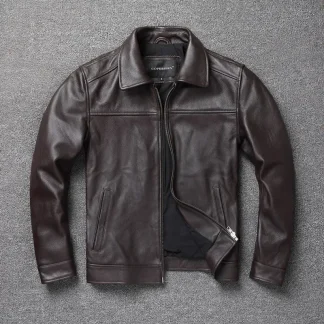 Men’s Dark Brown Slim Fit Motorcycle Jacket | 100% Genuine Cowhide Leather Coat | Short Casual Biker Outerwear | Large Size Chamarras Para Hombre
