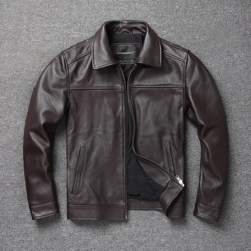 Men’s Dark Brown Slim Fit Motorcycle Jacket | 100% Genuine Cowhide Leather Coat | Short Casual Biker Outerwear | Large Size Chamarras Para Hombre