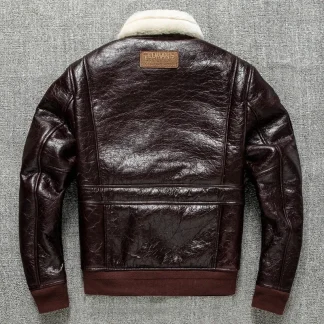 Men’s Winter Leather Jacket with Inner Embroidery | Slim Fit Thermal Fur Collar Coat | Burgundy 5XL Genuine Leather Outerwear