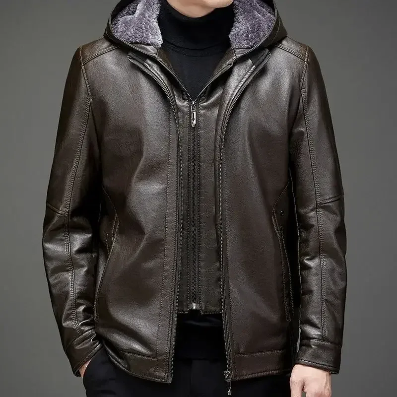 Men’s Genuine Sheepskin Leather Jacket with Fur Collar – Thick Winter Warm Short Coat, Plush Lined Outerwear - Image 3