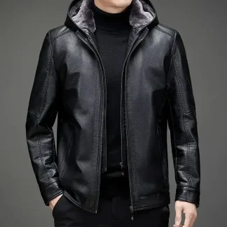 Men’s Genuine Sheepskin Leather Jacket with Fur Collar – Thick Winter Warm Short Coat, Plush Lined Outerwear